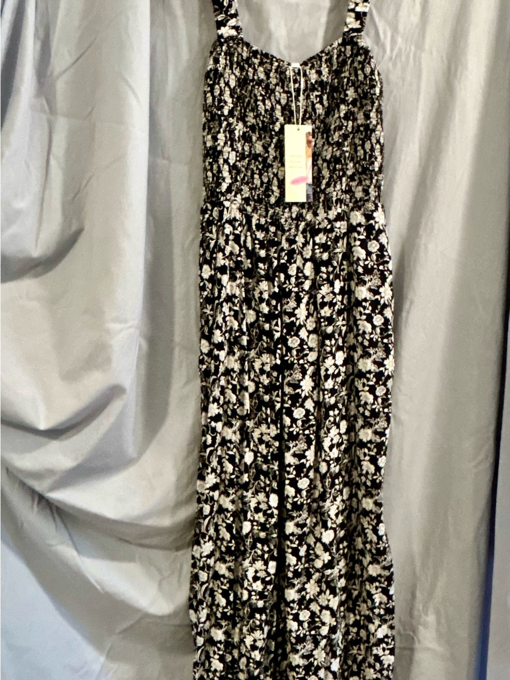 Black & White Floral Smocked Jumpsuit with Adjustable Straps